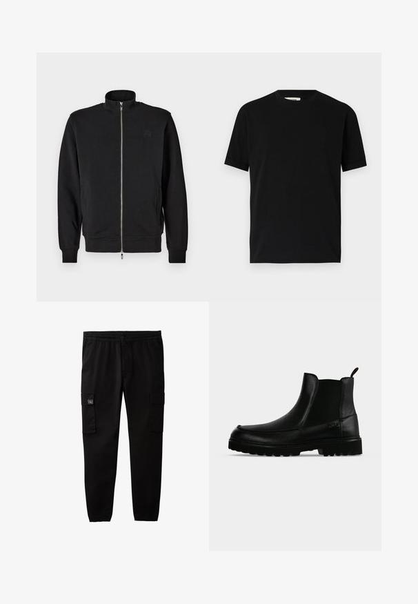 Sort zip-up sweatshirt med høj krave, ribbede manchetter og sidelommer. Blødt stof med et subtilt prægede logo på brystet.; Sort kortærmet t-shirt lavet af bomuld med rund halsudskæring og løs pasform. Glat tekstur, ingen mønstre eller synlige logoer.; Sorte cargobukser med elastisk talje og manchetter, knap- og lynlås-lukning samt klaplommer på hvert lår.; Sort læderankelstøvle med tekstureret sål, elastiske sidepaneler og træksnor på en lysegrå baggrund.
