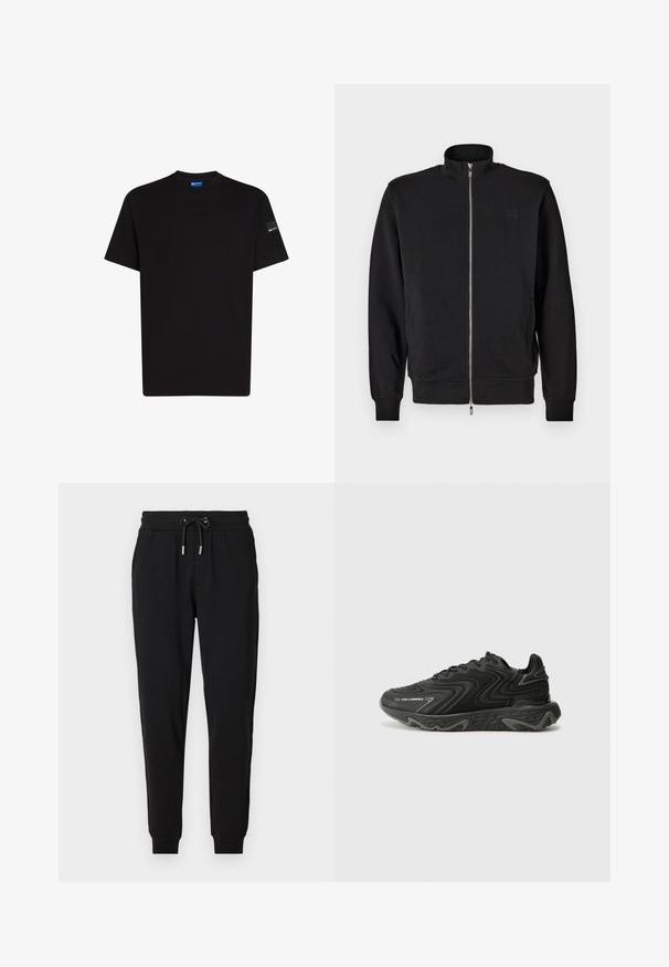 Sort zip-up sweatshirt med høj krave, ribbede manchetter og sidelommer. Blødt stof med et subtilt prægede logo på brystet.; Sort bomulds t-shirt med korte ærmer, rund halsudskæring og en lille mærke detalje på venstre ærme. Glat tekstur, standard pasform.; Sorte sweatpants med elastisk talje, justerbar snor, sidelommer og tapered ben. Fremstillet af blødt, strækbart stof.; Sorte sneakers med en bølget tekstur og grå detaljer. Har en snørebåndsdesign og en chunky, skulptural sål. Branding er synlig på siden.