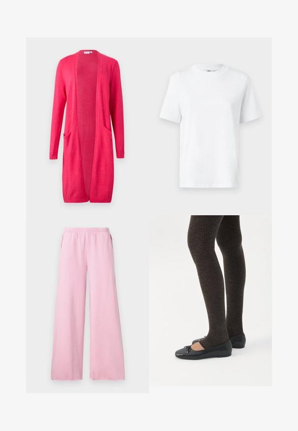 Lange roze cardigan gemaakt van zacht gebreid materiaal, met twee zakken aan de voorkant, een open voorkant en geribbelde manchetten en zoom.; Witte katoenen T-shirt met ronde hals, korte mouwen en een gladde textuur. Ontworpen met een comfortabele en veelzijdige relaxte pasvorm.; Roze wijde broek gemaakt van zachte stof met een elastische tailleband en zijzakken. Heeft een recht, vloeiend model.; Benen met donkere geribbelde leggings gecombineerd met zwarte ballerina's met kleine strikdetails op een witte achtergrond.