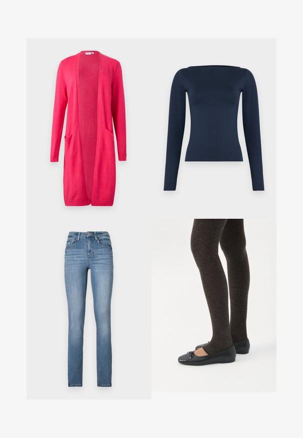 Long cardigan rose en tricot doux, avec deux poches avant, design ouvert à l'avant, et poignets et ourlet côtelés.; Haut féminin bleu marine à manches longues, cintré, avec un large col bateau et une finition en tissu lisse et extensible.; Jean skinny en denim bleu clair avec taille haute, cinq poches, décoloration subtile et détails de couture contrastants.; Jambes portant des leggings côtelés foncés associés à des ballerines noires avec de petits détails en nœud sur fond blanc.