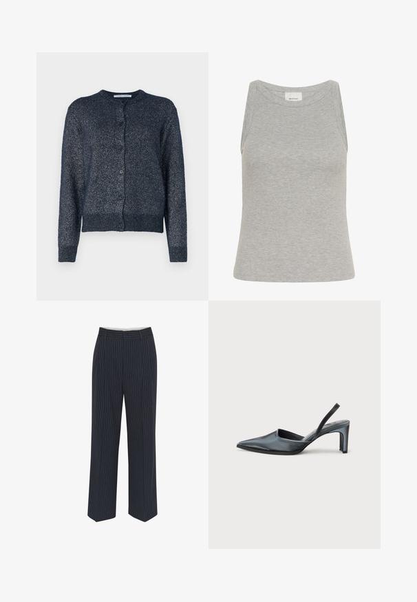 Marineblå cardigan med rund hals, lange ærmer, knaplukning og et blødt, struktureret stof med en subtil glans.; Grå ribbet tanktop med rund halsudskæring og ærmeløs design. Fremstillet af blødt stof, har en tætsiddende silhuet og minimale syninger.; Mørkeblå bukser med hvide lodrette striber, vide ben, glat stof, bælteløkker og en midtersøm foran for et skræddersyet udseende.; Sort slingback-hæl med spids tå, slank satinfinish og en slank hæl på 3 tommer. Åben sidedesign med minimal syningsdetalje.