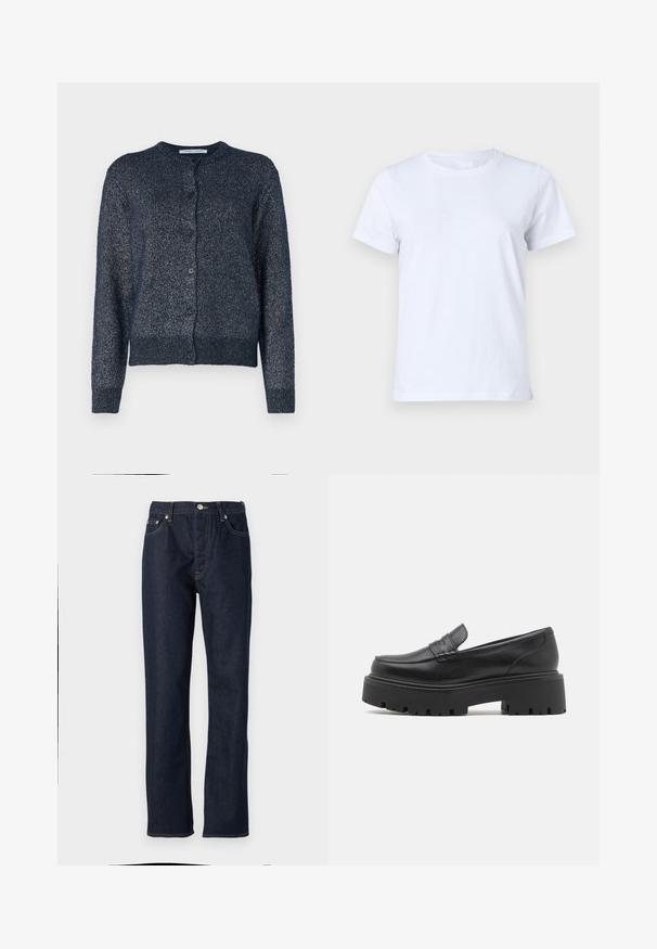 Marineblå cardigan med rund hals, lange ærmer, knaplukning og et blødt, struktureret stof med en subtil glans.; Hvid bomulds T-shirt, korte ærmer, klassisk crew neck design, ensartet tekstur uden mønstre eller accenter, standard pasform, enkel og alsidig.; Mørkeblå denimbukser med lige pasform, featuring knap- og lynlåslukning, femlommerdesign og kontrastsyninger.; Sorte læder loafers med en lav, grov gummi sål, syede detaljer på overdelen og en glat overflade.