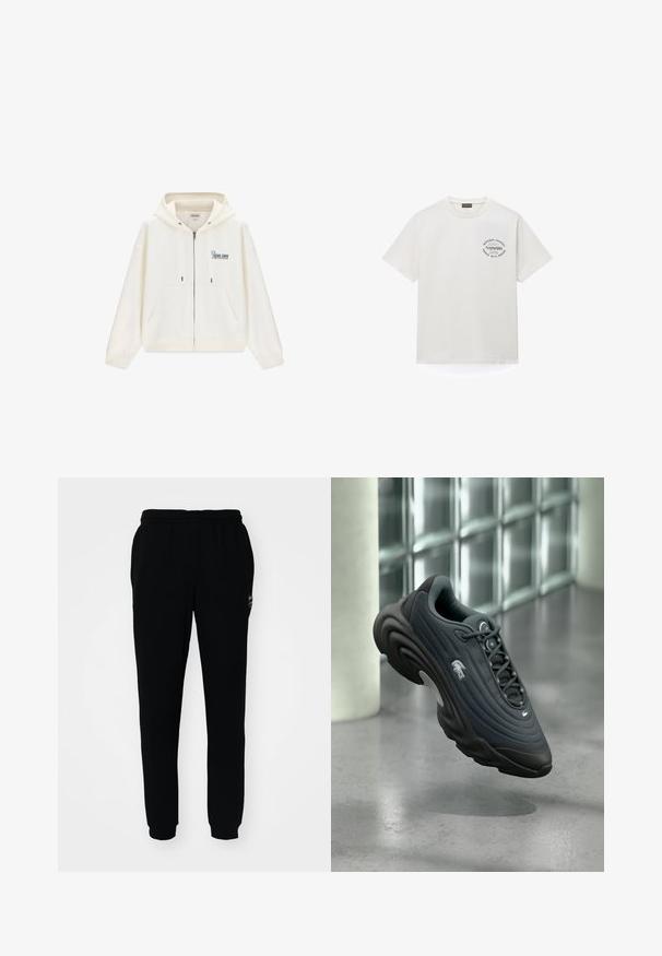 Hvid hættetrøje med lynlås foran, frontlommer, snører og "Malibu Guess Jeans Company" logo på venstre bryst.; Hvid T-shirt med korte ærmer og rund hals med lille sort tekstlogo på venstre bryst med teksten "Northern Frontier Napapijri Haparanda Sweden."; Sorte sweatpants med elastisk talje og manchetter. Fremstillet af blødt stof med et lille logo på den øverste venstre side.; Mørkegrå træningssko med tekstureret overdel, rundet design og fremtrædende hvidt logo. Har letvægts sål og snøresystem.