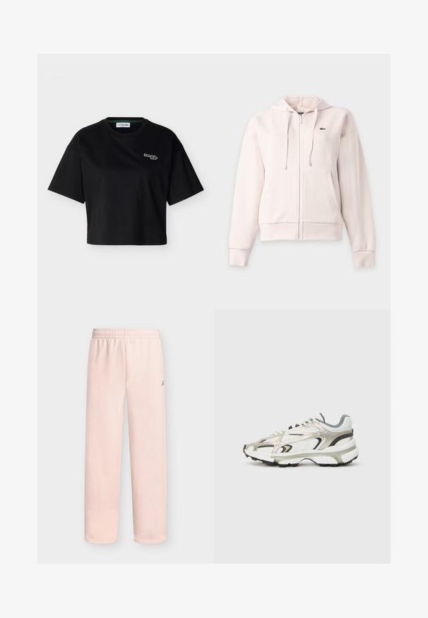 Sweat à capuche beige clair zippé avec poches avant, cordon de serrage et petit logo crocodile vert Lacoste sur la poitrine.; T-shirt court noir à manches courtes avec col rond et petit logo Lacoste brodé sur le côté gauche de la poitrine.; Pantalon de survêtement rose clair, coupe droite avec taille élastique et petit détail brodé noir sur la hanche droite.; Baskets volumineuses en blanc, gris et argent métallique avec des panneaux texturés. Comprend une épaisse semelle en caoutchouc noir et un design d'overlay distinctif.