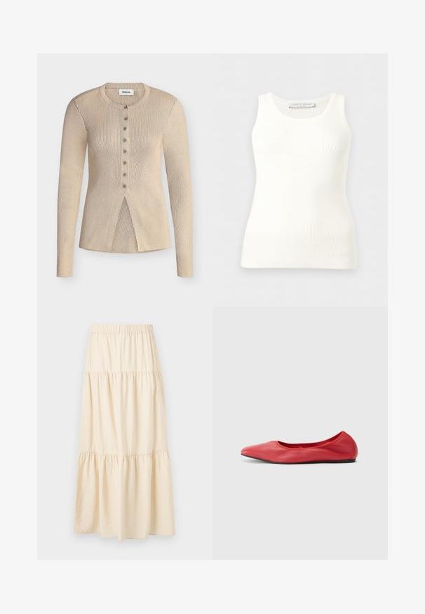 Cardigan en maille côtelée beige avec manches longues, encolure ronde, fermeture à boutons sur le devant et détail de ourlet chevauchant à l'avant.; Débardeur blanc côtelé sans manches avec encolure ronde, coupe ajustée, et étiquette de la marque à l'intérieur du col arrière.; Jupe beige à volants avec une ceinture élastique et trois sections froncées créant une coupe fluide et ample.; Filippa K REY FLATS - Ballerines - bright red