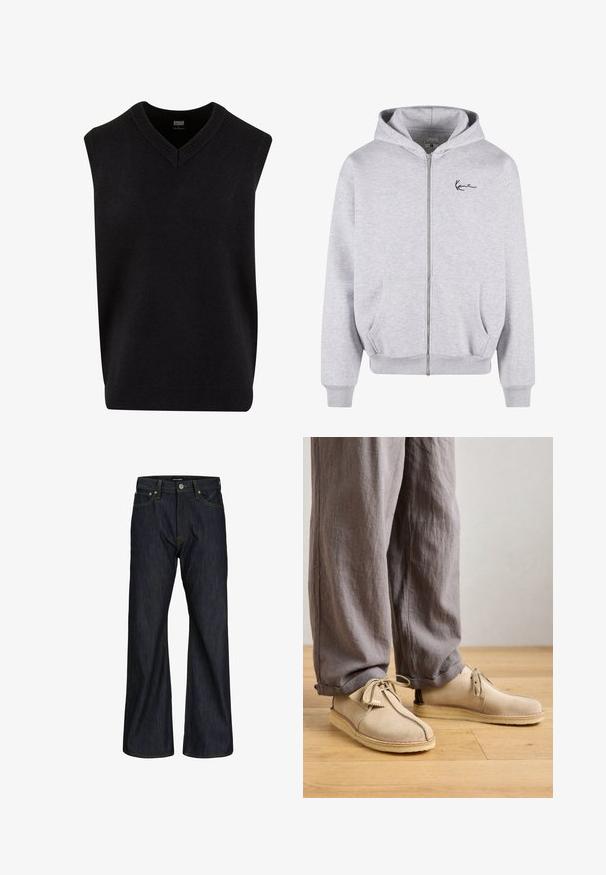 Grå zip-up hættetrøje lavet af blødt stof, med en frontlynlås, to sidelommer og et sort broderet logo på brystet.; Sort ærmeløs sweater med V-hals, lavet af blødt materiale, med ribbet halsudskæring og kant. Enkel, klassisk design.; Mørkeblå jeans med lige ben, fem lommer, knaplukning og synlige orange syninger på linningen og sømmene.; Beige ruskindssko med rund tå, snørredetaljer og sømme, parret med løse grå linnedbukser på et trægulv.