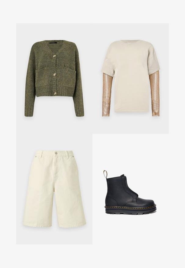 Vero Moda Knitted VMINGRID Knit - Cardigan - grape leaf; Beige kortærmet T-shirt med metallisk guld fiskenet lange ærmer. Stoffet er glat, og designet inkluderer en rund halsudskæring.; Kremfarvede knælange shorts med knap- og lynlåslukning, bæltestropper og sidelommer, vist på ensfarvet baggrund.; Sort læder ankelstøvle med elastiske sidepaneler, rund tå, kontrasterende gul syning og en kraftig gummisål.
