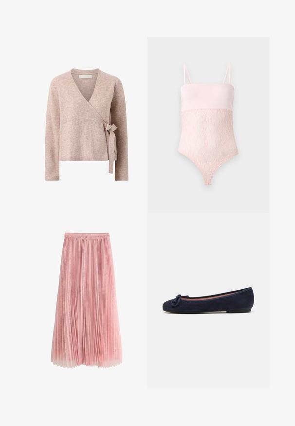 Suéter envolvente tejido de color rosa claro con mangas largas y cierre lateral con lazo.; Body de encaje rosa claro con tirantes finos y una parte superior lisa sobre un fondo liso y claro.; Falda midi plisada rosa con una capa inferior de encaje y cinturilla fruncida, mostrada sobre un fondo blanco.; Bailarina de ante azul marino con punta redondeada y un acento anudado en la punta. Suela baja y flexible para mayor comodidad. Diseño simple y aerodinámico.