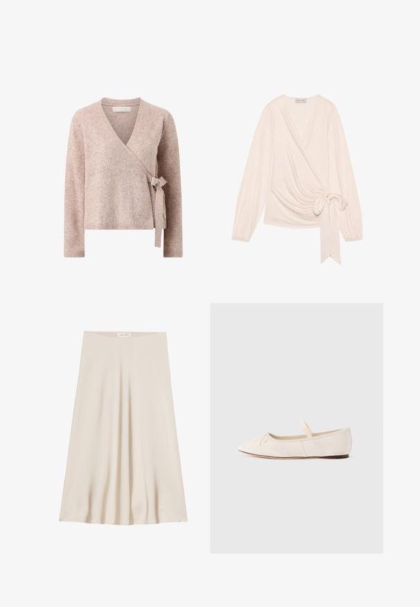 Pull en maille rose clair avec manches longues et fermeture à nouer sur le côté.; Enveloppez le haut dans un tissu doux et léger de couleur rose pâle. Il présente des manches longues, un lien à la taille et un drapé délicat à l'avant.; Une jupe crème, à longueur de genoux, fabriquée en tissu lisse avec un design évasé et une large taille. Pas de motifs ou d'ornements présents.; Ballerines en daim beige clair, bout pointu et fine bride élastique sur le dessus. Semelle plate avec un léger accent en caoutchouc.