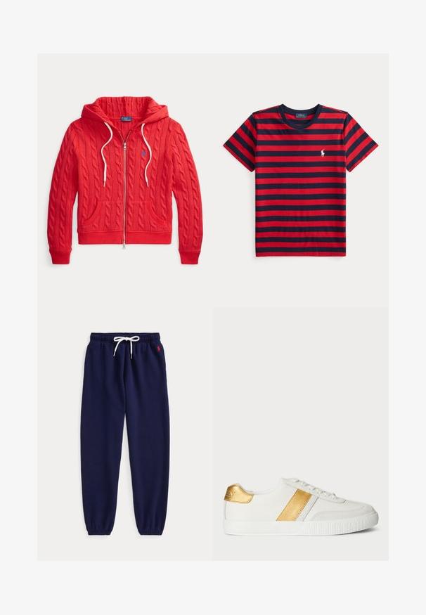 Sudadera con capucha roja de punto con cremallera, cordones blancos y bolsillos delanteros, con un pequeño logo azul bordado en el pecho.; Camiseta de manga corta con cuello redondo, con rayas horizontales rojas y navy y un pequeño logo blanco de Polo Ralph Lauren en el pecho izquierdo.; Pantalones jogger azul marino con cintura de cordón blanco y puños elásticos, con pequeño logo rojo bordado cerca del bolsillo izquierdo.; Zapatillas blancas de material sintético, con una franja metálica dorada y un acento en el talón, y una suela de goma texturizada.