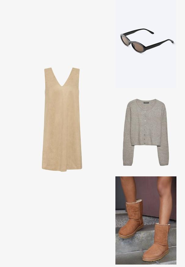 Lys grå cropped cardigan lavet af blødt strik med lange ærmer, rund halsudskæring og seks metalknapper foran.; Beige ærmeløs kjole med dyb V-hals, lavet af blødt, tekstureret stof. Løs pasform med A-linje silhuet, velegnet til varmt vejr.; Brune ruskind ankelstøvler med rund tå, blødt foer og gummisål, der har synlige stikninger langs sømmene.; Sorte solbriller med oval ramme og mørke tonede linser, vist i en let vinkel på en hvid overflade.