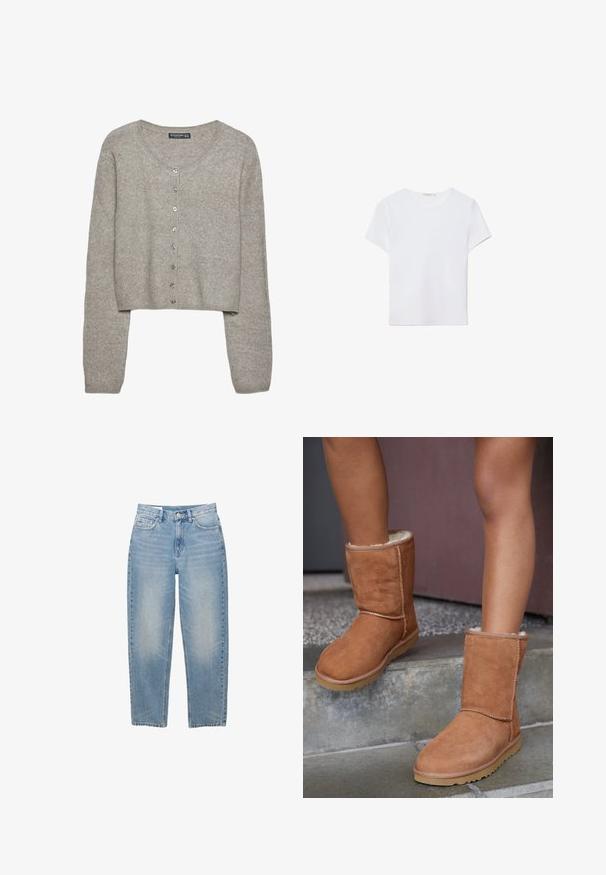 Lichtgrijze cropped cardigan van zachte brei met lange mouwen, ronde halslijn en zes metalen knopen aan de voorkant.; Witte T-shirt met korte mouwen, gemaakt van zachte stof. Heeft een ronde halslijn en een eenvoudig, strak ontwerp met een rechte zoom.; Lichtblauwe denim jeans met rechte pijpen, voorzien van een knoopsluiting aan de voorkant, rits en vijf zakken, afgebeeld tegen een witte achtergrond.; Bruine suède enkellaarsjes met een ronde neus, zachte voering en een rubberen zool, met zichtbaar stiksel langs de naden.