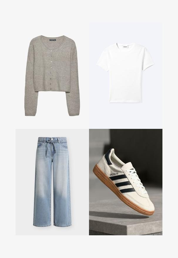 Cardigan court gris clair en tricot doux avec des manches longues, un col rond et six boutons métalliques sur le devant.; T-shirt blanc uni à manches courtes et col rond avec une petite étiquette "WEEKDAY" à l'intérieur de l'encolure, présenté à plat sur un fond clair.; Jeans larges bleu clair avec délavage sur les cuisses, fermeture par bouton frontal et zip, passants pour ceinture, et cordon noué à la taille.; Baskets en daim blanc avec des bandes navy, semelle en caoutchouc gomme, tige texturée, bout rond et lacets ; arbore un logo sur le côté et sur la languette.