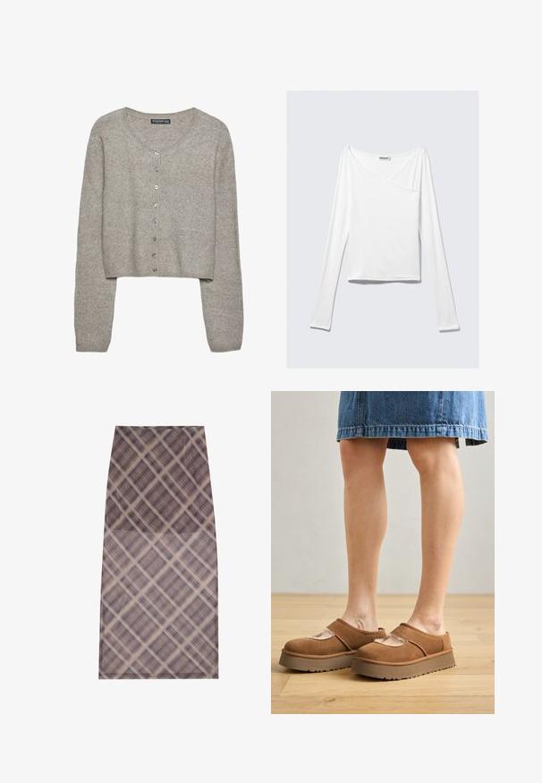 Cardigan court gris clair en tricot doux avec des manches longues, un col rond et six boutons métalliques sur le devant.; Haut blanc à manches longues avec un design croisé et une poche. Fabriqué dans un tissu lisse et extensible. Coupé dans une coupe décontractée et ample.; Une jupe longueur genou en tissu léger et transparent avec un motif à carreaux dans des tons de marron et de crème, texture lisse et bords nets.; Chaussures à plataforma en suède marron avec un bout arrondi, des découpes, et une semelle robuste, accompagnées d'une jupe en denim dans un cadre au sol en bois.