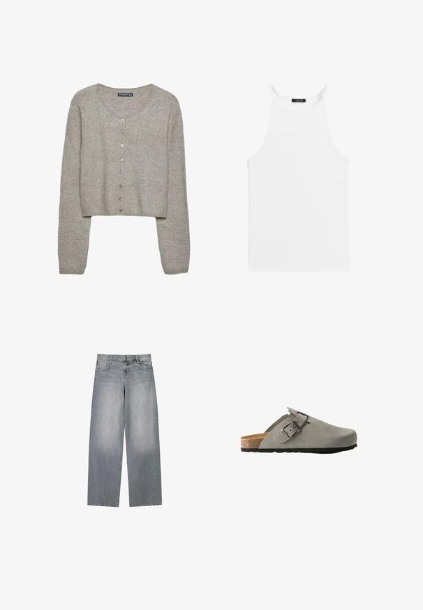 Lys grå cropped cardigan lavet af blødt strik med lange ærmer, rund halsudskæring og seks metalknapper foran.; Hvid ærmeløs top med tynde stropper og høj halsudskæring, lagt fladt på en hvid baggrund.; Grå vidbenede denimjeans med en falmet vask, der har en klassisk knap- og lynlås-lukning, fem lommer og kontrastsyninger.; Grå ruskindsklipklapper med en sål af kork og gummi, prydet med et metalspænde og et åbent bagside-design. Glat tekstur og rund tåform.