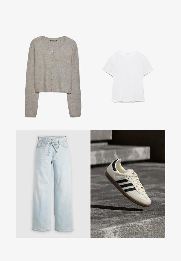Cardigan court gris clair en tricot doux avec des manches longues, un col rond et six boutons métalliques sur le devant.; T-shirt blanc uni à manches courtes et col rond, avec un ourlet droit, présenté sur un fond blanc.; Jean large bleu clair avec un nœud à l'avant, design classique à cinq poches et détails de décoloration subtils sur les jambes. Matériau en denim.; Baskets blanches Adidas Samba avec des bandes noires et une semelle en gomme, flottant au-dessus de marches en béton gris texturé.