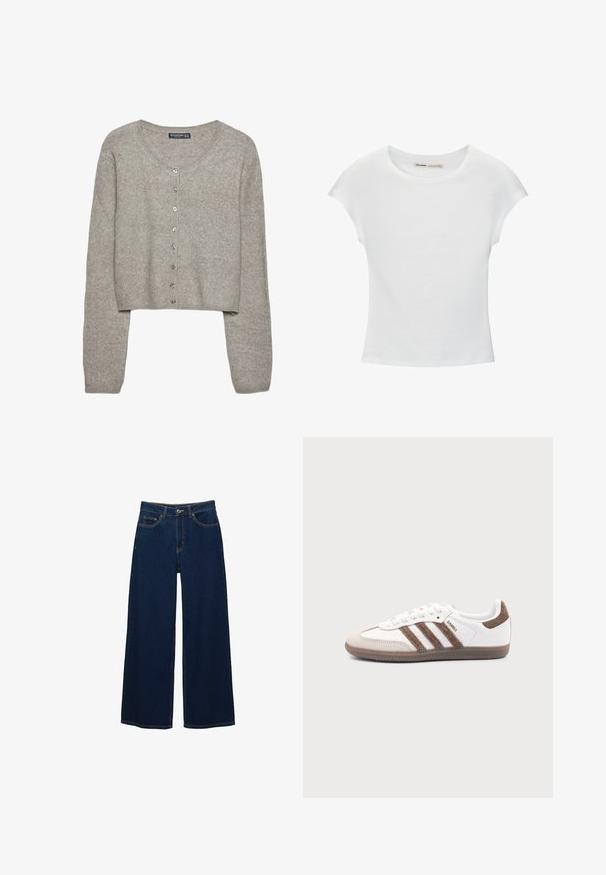 Hellegrau verkürzter Cardigan aus weichem Strick mit langen Ärmeln, rundem Halsausschnitt und sechs metallischen Knöpfen auf der Vorderseite.; Weißes Baumwoll-T-Shirt mit kurzen, aufgerollten Ärmeln, rundem Ausschnitt und geradem Saum. Glatte Textur ohne sichtbare Muster oder Akzente.; Dunkelblaue Jeans mit weitem Bein aus Denim; mit Taschen vorne und Knopfverschluss; auffällige Nähte entlang der Nähte; keine Muster oder Verzierungen.; Weißer Adidas Samba Sneaker mit braunen Wildlederstreifen, brauner Gummisohle und beiger Wildlederkappe, von der Außenseite auf schlichtem Hintergrund gezeigt.