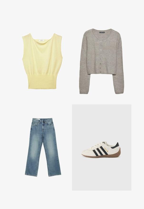 Cardigan court gris clair en tricot doux avec des manches longues, un col rond et six boutons métalliques sur le devant.; Haut sans manches en tricot jaune pâle avec une large ceinture côtelée et un col rond légèrement drapé.; Jean en denim bleu clair avec taille haute, jambes droites et larges, fermeture avant par boutons, fermeture éclair et design cinq poches.; Baskets blanches Adidas avec des rayures noires, une semelle texturée marron, et le lettrage doré "SPEZIAL" sur le côté, vues du côté extérieur.