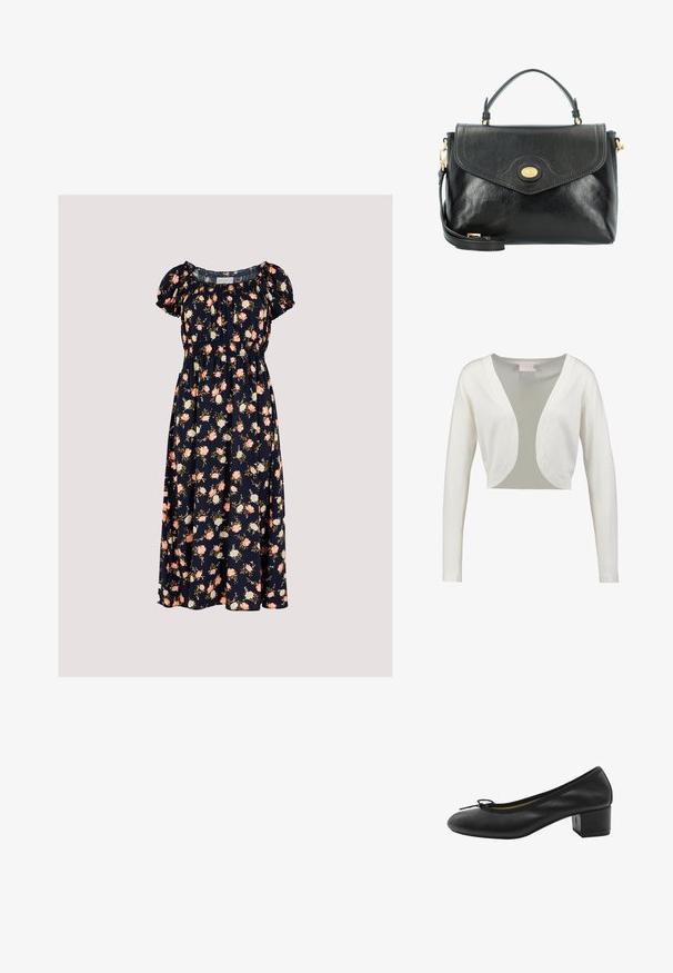 Cárdigan blanco, recortado, con mangas largas, un escote en V profundo y un acabado suave. Tela ligera con un panel trasero translúcido.; Apricot VINTAGE ROSE - Vestido informal - navy; Zapato de tacón de cuero negro con punta redonda, pequeño detalle de lazo en la parte delantera y tacón cuadrado. Textura suave con acentos de diseño mínimos.; The Bridge Bolso de mano - nero