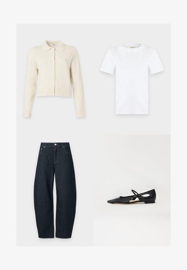 Roomkleurige cardigan met lange mouwen, knopen aan de voorkant, geribde manchetten en zoom, en een klein logo op de linkerborst.; Effen wit T-shirt met korte mouwen en een ronde hals, met een klein beige label aan de binnenkant van de kraag met de tekst "CLOSED."; CLOSED JAZZIE - Relaxed fit jeans - dark blue; Zwarte gepatenteerde leren platte schoenen met een spitse neus, open zijkanten en een strikdetail. Heeft een lage hak en een gladde textuur.