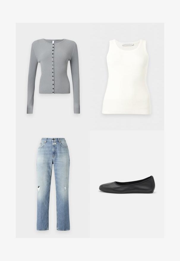 Lysegrå ribstrikket cardigan med lange ærmer og rund halsudskæring, med sort knaplukning foran.; Hvid, ribstrikket, ærmeløs tanktop med rund halsudskæring, tætsiddende pasform og mærkeetiket på indersiden af bagkraven.; Lys blå denim jeans med høj talje og lige ben. Har slidte detaljer på begge knæ og et klassisk fem-lomme design.; Sort læderballetsko med rund tå, glat tekstur, minimal syning og et fleksibelt såldesign.