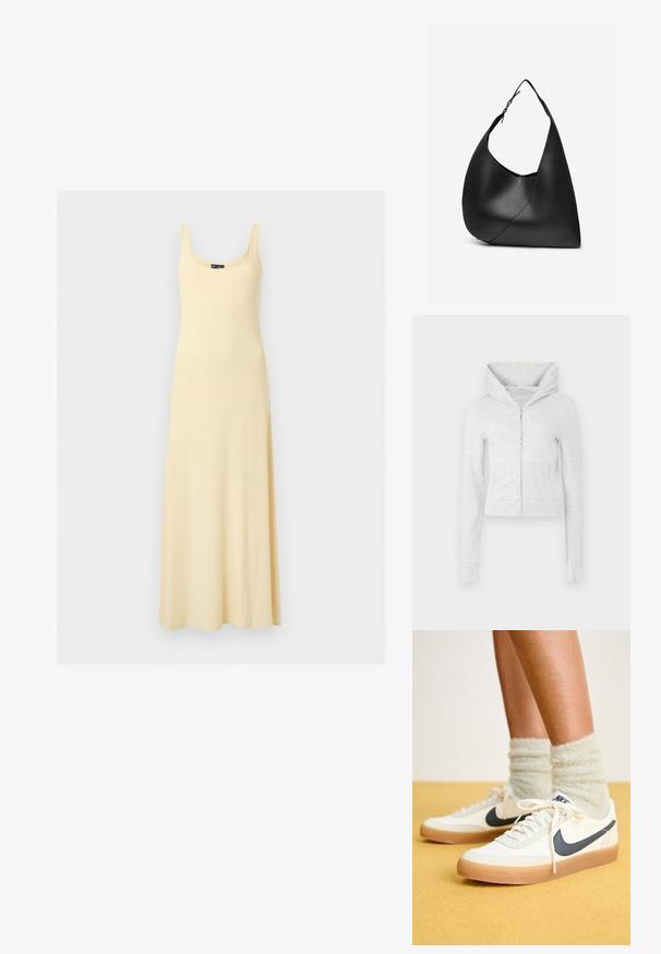 Grå cropped hættetrøje med lynlås foran, stor hætte, lange ærmer og ribbet kant. Lavet af blødt, tekstureret sweatshirtmateriale.; Ærmeløs, lysegul maxikjole med rund halsudskæring, tætsiddende overdel og flydende nederdel på ensfarvet baggrund.; Hvide Nike sneakers med navy swoosh, tekstureret stof, hvide snørebånd og gummisål, parret med fluffy lysegrønne sokker. Gul baggrund.; Sort læder skuldertaske med buet trekantet form, enkelt justerbart rem og synlig diagonal søm foran.