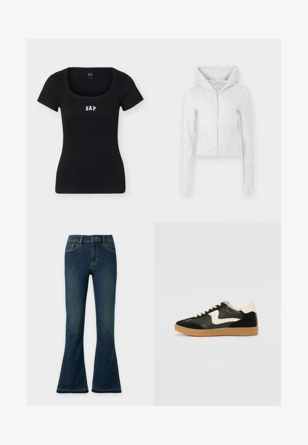 Sweat à capuche gris coupé, avec une fermeture éclair à l’avant, une grande capuche, des manches longues et des poignets côtelés. Confectionné en matière douce et texturée de sweat.; Top noir ajusté à manches courtes avec encolure carrée et logo "GAP" centré sur la poitrine en lettres blanches.; Jean taille haute bleu foncé avec jambes évasées, bouton et fermeture éclair à l'avant, et design à cinq poches sur un fond clair uni.; Baskets en daim et cuir noir avec un swoosh latéral crème et un talon crème clair. Dotées de lacets beige et d'une semelle en caoutchouc gomme.