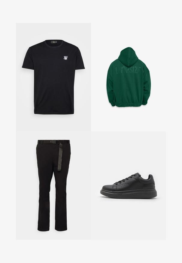 Grøn hætte sweatshirt med en struktureret overflade, der har ordet "DROPSIZE" trykt på ryggen. Elastisk nederste kant og løs pasform.; Sort bomulds t-shirt med korte ærmer, rund halsudskæring og et lille hvidt broderet logo på venstre bryst. En simpel og klassisk design.; Sorte bukser med lige ben-design, lavet af glat stof. Har et tyndt, sort bælte med en rund spænde og stofsløjfe.; Jack & Jones Trainers Trainers - Sneakers - black