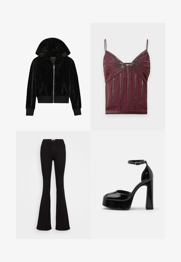 Schwarze Samt-Zip-up-Hoodie mit einer geschwungenen Kapuze, Fronttaschen und gerippten Bündchen. Glatte Textur und einfaches Design, das auf Komfort fokussiert ist.; Bordeauxfarbene Spaghettiträger mit dünnen Trägern, verzierten Perlen und vertikalen Linien. Weicher Stoff mit figurbetontem Design und strukturierten Details.; ONLY Tall ONLROSE RETRO - Flared Jeans - washed black; Schwarze Lackleder-Plateau-Absätze mit einem Knöchelriemen, runder Zehenform und Blockabsatz, die eine glatte, glänzende Textur präsentieren.