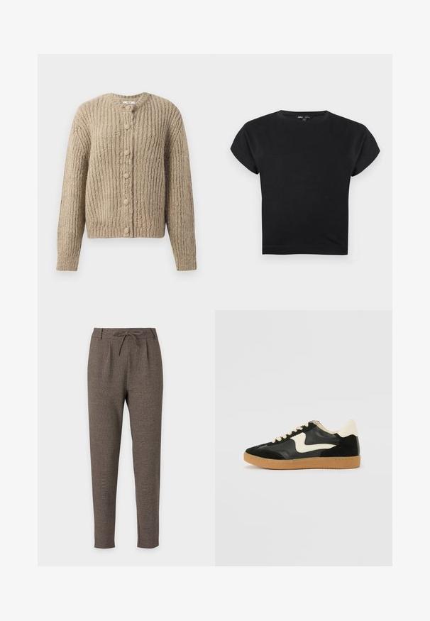 Beige chunky strikket cardigan med lange ærmer og seks stofbetrukne knapper foran, med en rund halsudskæring.; Sort kortærmet crop top med rund halsudskæring, let udvidede skuldre og tætsiddende pasform på hvid baggrund.; Brune tapered bukser med snøre i taljen og båndsøm, lavet af tekstureret stof, vist på en hvid baggrund.; Sorte ruskinds- og lædersneakers med en cremefarvet side-swoosh og lys cremefarvet hæl. Har beige snørebånd og en gummirubber-sål.
