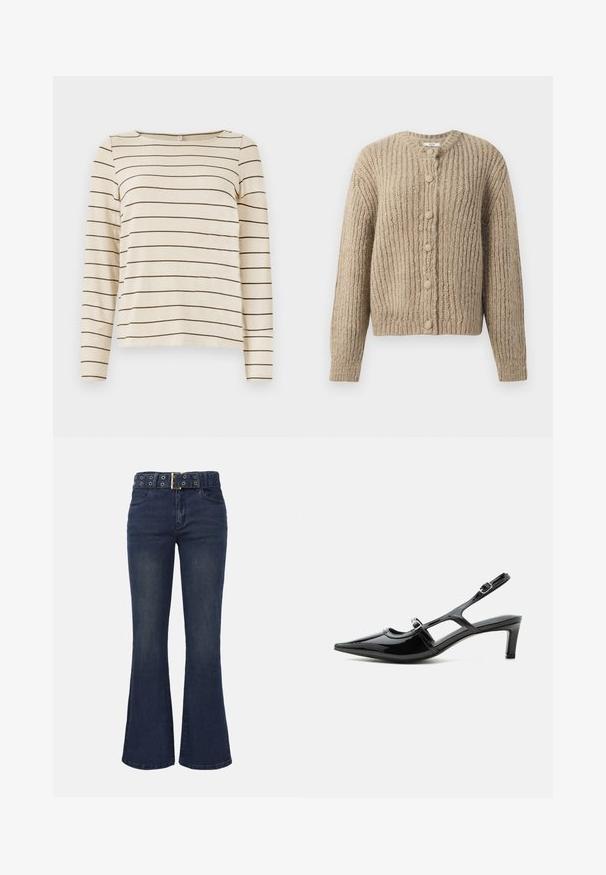 Beige chunky strikket cardigan med lange ærmer og seks stofbetrukne knapper foran, med en rund halsudskæring.; Beige langærmet top med mørkebrune vandrette striber, med rund halsudskæring og blød tekstur. Enkel og alsidig design.; Mørkeblå højttaljede vidde jeans med forlommer og et matchende bælte med metalkanter og en rektangulær spænde.; Sort laklæder spids tå slingback sko med lav hæl og to justerbare spænder, vist i sideprofil.