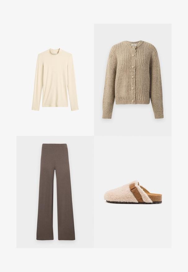 Cárdigan de punto grueso en color beige con mangas largas y seis botones cubiertos de tela en el frente, con un escote redondo.; Camiseta de punto de manga larga color crema con cuello alto, diseño simple y etiqueta de marca visible en el interior del escote.; Pantalones acampanados con canalé en color marrón oscuro, con cintura elástica y una tela suave y texturizada.; Zuecos de piel de oveja en color beige con una tira de ante marrón, plantilla de corcho y suela exterior de goma texturizada, diseñados para comodidad y uso casual.