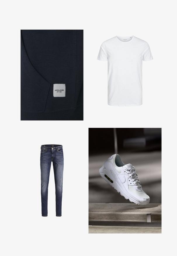 Námornícky modrý sweatshirtový materiál so prednou vreckom, rebrovaným lemom a bielou nálepkou s nápisom "JACK & JONES EST. 1990." Textúrovaná tkanina.; Tričko s okrúhlym výstrihom a krátkym rukávom v čistej bielej farbe, vyrobené z jemnej bavlny, má jednoduchý dizajn bez viditeľných vzorov alebo akcentov.; Tmavomodré rifle slim fit s jemným vyblednutím na stehnách a kolenách, s prednými vreckami, pútkami na opasok a zapínaním na gombík.; Biele tenisky Nike Air Max 90 s vrchnou časťou z kože a sieťoviny, perforovanou špičkou a viditeľnou vzduchovou jednotkou v päte.