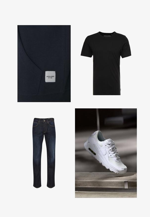 Marineblaue Sweatshirt-Material mit einer Vordertasche, geripptem Saum und einem weißen Etikett mit der Aufschrift "JACK & JONES EST. 1990." Strukturiertes Gewebe.; Schwarzes T-Shirt mit kurzen Ärmeln aus Baumwolle, mit einem Rundhalsausschnitt und einem dezenten Logo-Tag an der Seite. Einfaches und vielseitiges Design.; Dunkelblaue Denim-Jeans mit geradem Bein, fünf Taschen, goldenen Nähten und einer glatten Textur. Knopfverschluss an der Taille.; Weiße Nike Air Max 90 Sneaker mit einem Obermaterial aus Mesh und Leder, durchlässigem Zehenbereich und einer sichtbaren Air-Einheit in der Ferse.