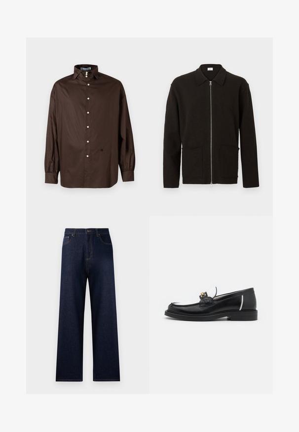 Cardigan marrón oscuro con cremallera, dos bolsillos frontales y cuello, mostrado sobre un fondo claro y liso.; Camisa de manga larga marrón en una tela suave con un cuello clásico, cierre frontal de botones y puños elastizados; presenta un detalle de logo sutil.; Jeans de mezclilla azul oscuro con una cintura alta, pierna ancha y costuras en contraste. Las características incluyen bolsillos frontales y un solo bolsillo trasero.; Mocasín de piel negra con punta redondeada, acentos en blanco y herrajes dorados en la parte superior. Presenta un parche texturizado y un tacón apilado.