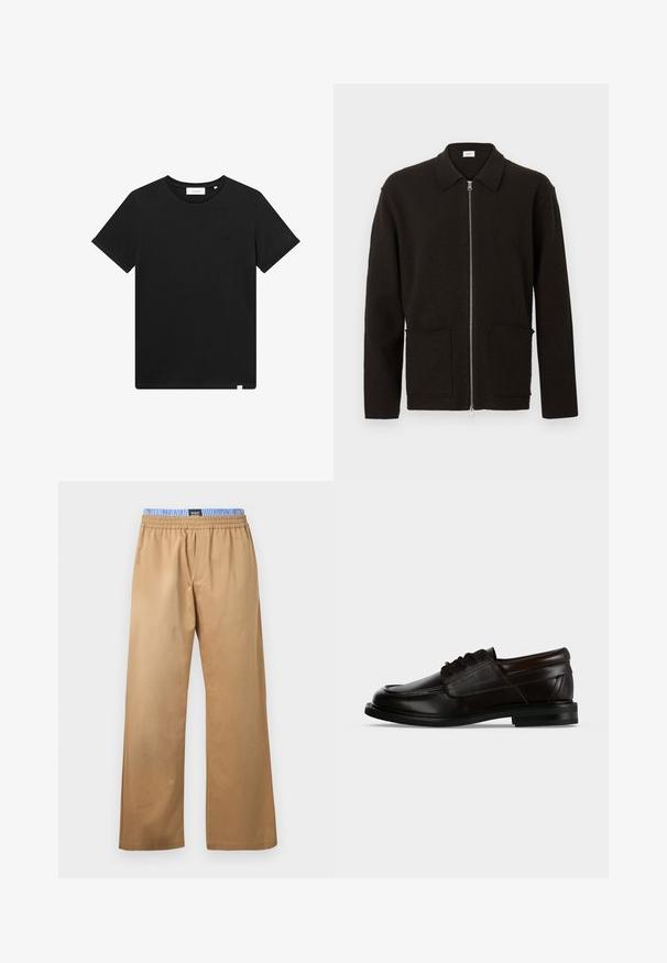 Mørkebrun cardigan med lynlås, to forlommer og en krave, vist mod en ensfarvet lys baggrund.; Sort kortærmet T-shirt lavet af bomuld, med rund hals og et lille logo broderet på brystet. Glat tekstur, standard pasform.; Beige bukser med vide ben og elastisk linning med blå- og hvide striber på indersiden, vist fladt på en hvid baggrund.; Mørkebrun læder snøresko med rund tå og lav stakket hæl, set fra siden.