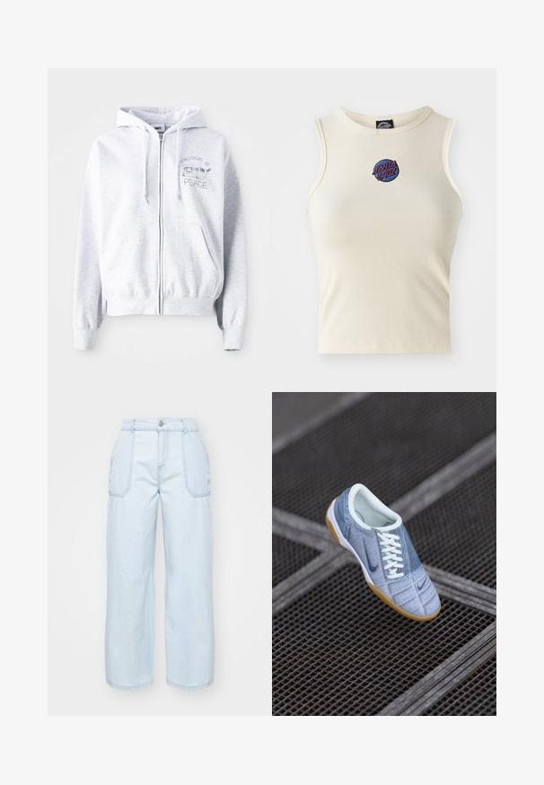 Lys grå zip-up hoodie med en kængurulomme. Har broderet tekst: "FREEDOM IS" over en kat og "PEACE" nedenunder. Blødt stof af bomuldsblanding.; Creme ribbet tanktop med rund hals og uden ærmer, med et broderet "Santa Cruz" logo i pink og blå på forsiden.; Lysblå vidbensjeans lavet af denim, med en frontknaplukning, to sidelommer og synlige stingdetaljer.; Lys blå denim sneaker med hvide snørebånd og mørkeblå accenter, med rund tå og gummirødsål. Tekstureret overflade med syningsdetaljer.