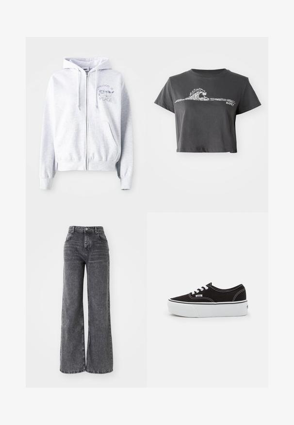 Lichtgrijze hooded zip-up met een kangoeroezak. Heeft geborduurde tekst: "FREEDOM IS" boven een kat en "PEACE" eronder. Zachte katoenmix stof.; Donkere grijze cropped T-shirt met een witte gestileerde golf, palmboom grafiek en "ROXY" tekst op de voorkant.; Wijde grijze denim broek met een hoge taille, voorzien van traditionele vijf-pocket styling en een subtiele vervaagde afwerking.; Zwarte canvas sneaker met een witte rubberen platformzool, voorzien van witte veters en stiksels, iconische branding op de zijkant, low-top ontwerp.