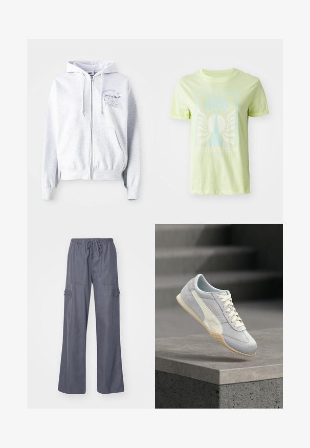 Felpa con cremallera de color gris claro y un bolsillo tipo canguro. Presenta texto bordado: "LA LIBERTAD ES" encima de un gato y "PAZ" debajo. Tela suave de mezcla de algodón.; Camiseta verde claro de algodón, con un gráfico de una palmera azul y el texto "SUEÑOS DE VERANO", con mangas cortas enrolladas.; Pantalones cargo grises con cintura ajustable, piernas anchas y dos bolsillos laterales. Hechos de una tela suave y ligera.; Zapatilla de ante gris claro con tira de cuero blanca y suela de goma, suspendida sobre un saliente de hormigón con escalones grises desenfocados en el fondo.