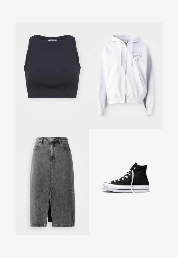 Lys grå zip-up hoodie med en kængurulomme. Har broderet tekst: "FREEDOM IS" over en kat og "PEACE" nedenunder. Blødt stof af bomuldsblanding.; Sort ribbet crop top med rund halsudskæring og uden ærmer. Glat tekstur, tætsiddende form og minimalistisk stil.; Højtaljet, falmet sort denim midi-nederdel med en frontslids, bæltesløjfer og klassisk fem-lomme design.; Sort high-top canvas sneaker med hvid gummisål og hvide snørebånd, vist fra siden mod en hvid baggrund.