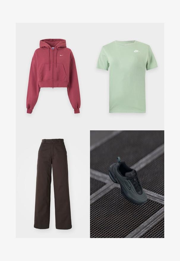Vinrød cropped hættetrøje med lynlås foran, forlommer, justerbar snøre på hætten, ribkanter ved ærmerne og lille hvid Nike-logo på brystet.; Lysegrøn Nike t-shirt med korte ærmer, rund hals og hvid Nike-logo på den øverste venstre side af brystet.; Brune bredbenede bukser med knaplukning og bæltestropper, lavet af holdbart stof, som har en glat tekstur og rene linjer.; Mørkegrønne og sorte Nike Air sneakers svævende over et metalgittergulv, der fremviser deres designs detaljer fra siden og ovenpå.