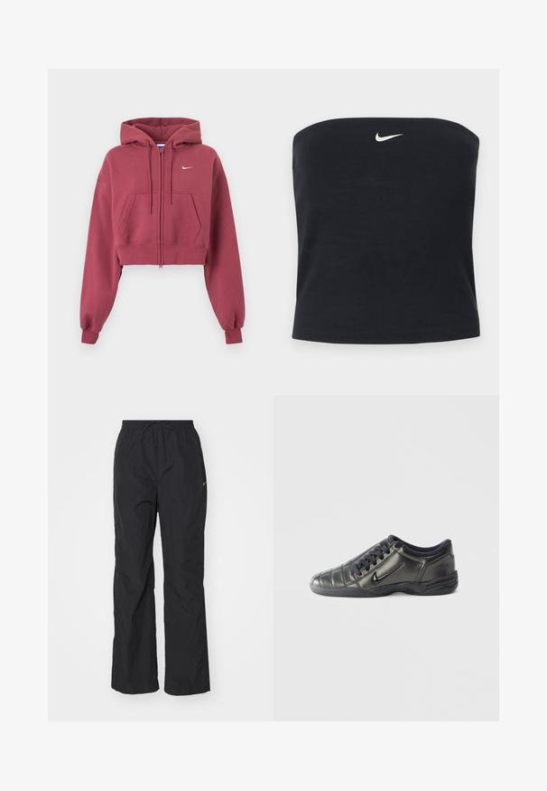Bordeauxfarbener, kurz geschnittener Hoodie mit Reißverschluss vorne, Eingrifftaschen, verstellbarer Kordelzugkapuze, gerippten Bündchen und kleinem weißem Nike-Logo auf der Brust.; Schwarzes, trägerloses Nike Tube-Top mit weißem Swoosh-Logo, mittig nahe dem oberen Rand, einfarbiger Hintergrund.; Schwarze, leichte Hose mit elastischem Bund und Kordelzug. Verfügt über eine strukturierte Oberfläche und ein kleines reflektierendes Logo an der Seite.; Schwarzer niedriger Nike Sneaker mit Schnürsenkeln, genähten Details und einer strukturierten Sohle vor einem schlichten weißen Hintergrund.