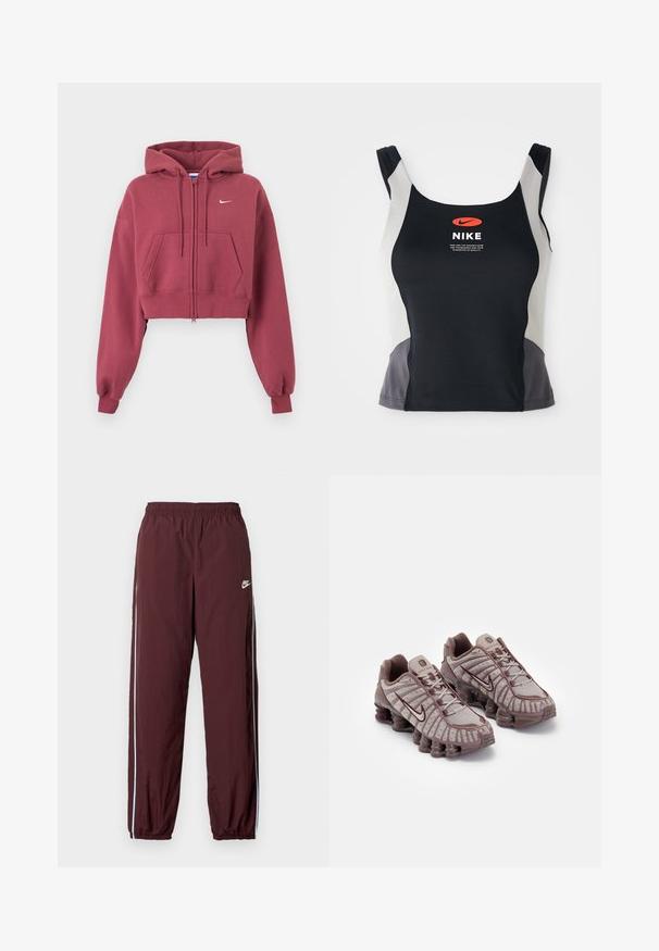 Sudadera con capucha corta en granate con cremallera, bolsillos delanteros, capucha ajustable con cordón, puños acanalados y pequeño logo blanco de Nike en el pecho.; Camiseta deportiva negra y gris con escote redondo, tirantes estrechos y un logotipo de Nike naranja en el centro impreso en la parte delantera.; Pantalones deportivos burdeos con cintura elástica, con una línea lateral de color azul claro y un pequeño logo blanco de Nike en la parte delantera.; Nike Sportswear SHOX TL - Zapatillas - pumice/night maroon/plum eclipse