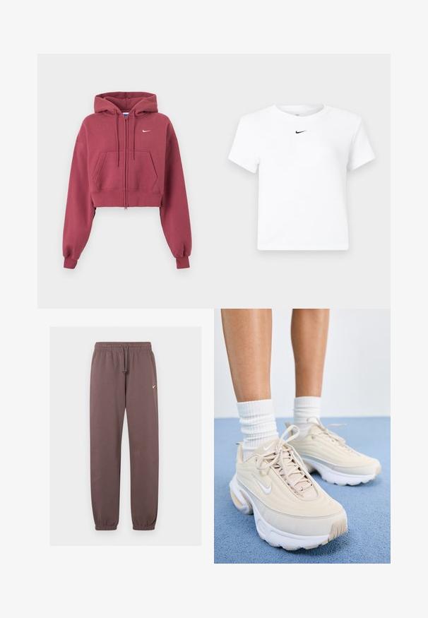 Bordový krátky mikinový sveter na zips s prednými vreckami, nastaviteľnou kapucňou so šnúrkou, rebrovanými manžetami a malým bielym logom Nike na hrudi.; Biele krátke tričko značky Nike s krátkym rukávom a zrezaným strihom, s malým čiernym logom Nike swoosh umiestneným pod výstrihom uprostred.; Hnedé Nike tepláky s elastickým pásom, šnúrkou na stiahnutie, manžetami na členkoch a malým bielym logom Nike na hornej ľavej nohe.; Béžové športové topánky s textúrovaným zvrškom, bielymi šnúrkami a hrubou bielou podrážkou. Dizajn obsahuje jemné krivky a malé logo.