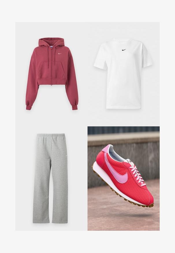 Vinrød cropped hættetrøje med lynlås foran, forlommer, justerbar snøre på hætten, ribkanter ved ærmerne og lille hvid Nike-logo på brystet.; Hvid t-shirt med korte ærmer og rund halsudskæring med et lille sort Nike Swoosh-logo centreret nær kraven.; Lysegrå joggingbukser med elastisk talje og lille hvidt Nike-logo på øverste lår, vist fladt mod en hvid baggrund.; Lys pink og rød strikket sneakers med lyserød logo og snørebånd, hvid sål og brun bund flyvende over en betonoverflade.