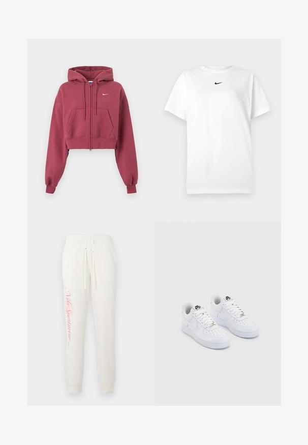 Bordový krátky mikinový sveter na zips s prednými vreckami, nastaviteľnou kapucňou so šnúrkou, rebrovanými manžetami a malým bielym logom Nike na hrudi.; Biele tričko s krátkym rukávom a okrúhlym výstrihom, na ktorom je malé čierne logo Nike swoosh umiestnené tesne pod výstrihom.; Biele tepláky so zúženým strihom, s ružovým logom "Nike Sportswear" na ľavej nohe a elastickým pásom s šnúrkami.; Biele tenisky Nike Air Force 1 s hladkým koženým zvrškom, perforovanou špičkou, bielymi šnúrkami a čiernym logom na jazyku.