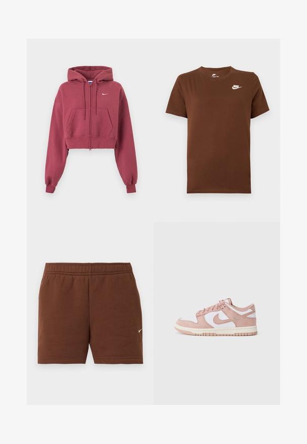 Vinrød cropped hættetrøje med lynlås foran, forlommer, justerbar snøre på hætten, ribkanter ved ærmerne og lille hvid Nike-logo på brystet.; Brun kortærmet Nike T-shirt med hvidt Nike-logo på venstre bryst og rund hals, vist på ensfarvet baggrund.; Brune atletikshorts med elastisk talje og lille hvid Nike swoosh-logo på højre ben mod en ensartet hvid baggrund.; Sneakeren har en blød rosa ruskinds-overdel, hvide læderpaneler og en tekstureret gummisål. Iøjnefaldende swoosh-logo på siderne og snørebinding.