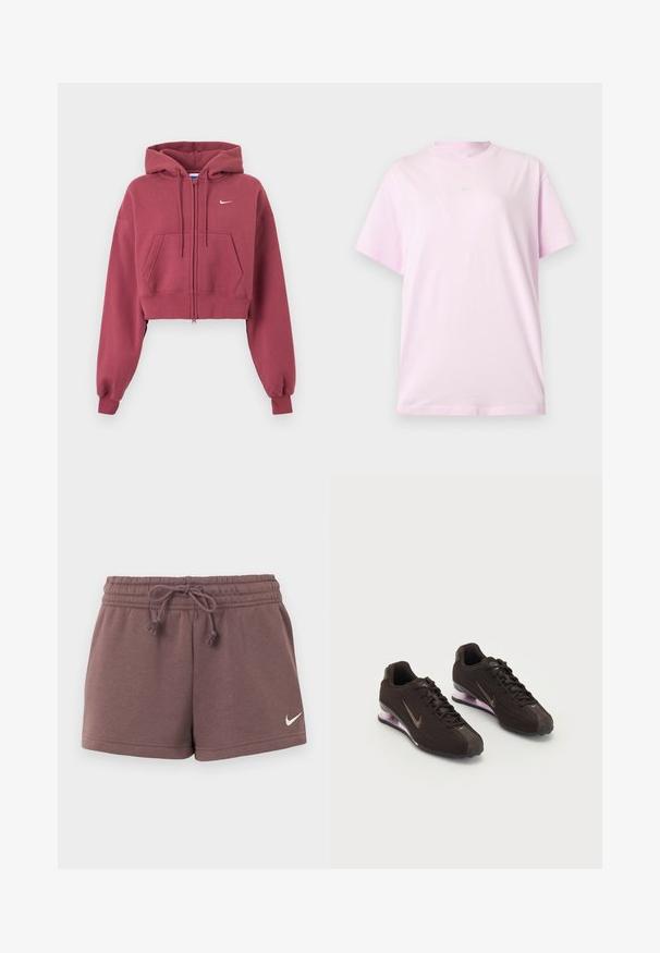 Sweat à capuche court bordeaux zippé avec poches avant, capuche réglable avec cordon, poignets côtelés et petit logo Nike blanc sur la poitrine.; T-shirt rose clair Nike à manches courtes avec col rond, avec un petit logo Nike blanc centré sur la poitrine, présenté sur un fond uni.; Shorts Nike marron avec taille élastique et cordon de serrage, arborant un petit logo Nike blanc sur la jambe gauche.; Baskets de sport noires avec une tige texturée, des accents marron et une semelle à coussin d'air violette. Design à lacets avec une marque bien visible.