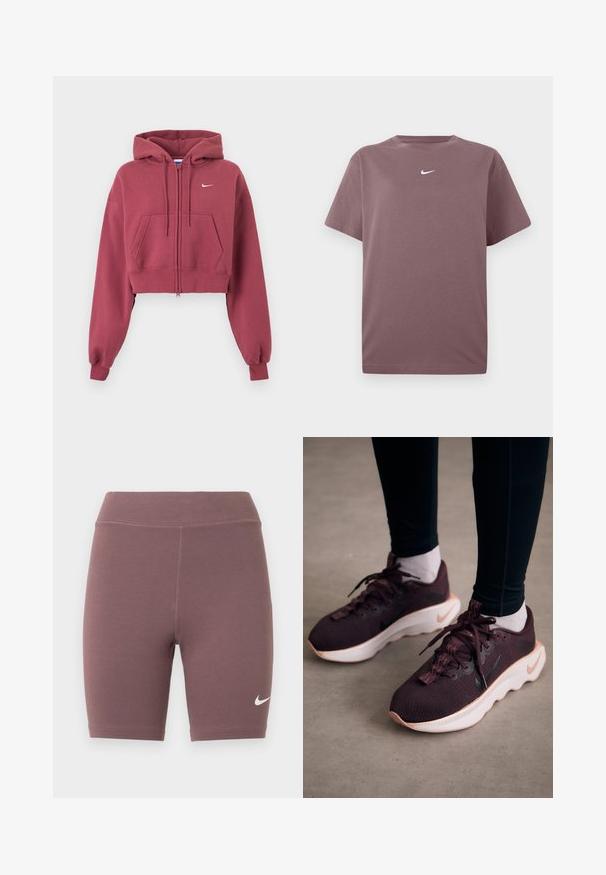 Bordový krátky mikinový sveter na zips s prednými vreckami, nastaviteľnou kapucňou so šnúrkou, rebrovanými manžetami a malým bielym logom Nike na hrudi.; Jednoduché fialové tričko s krátkym rukávom a okrúhlym výstrihom s malým bielym Nike swooshom umiestneným v strede hrude, zobrazené na bielom pozadí.; Biker šortky v tlmenej fialovej farbe, vyrobené z elastickej látky. Majú vysoký pás a malý biely logo Nike swoosh.; Vínové športové topánky s textúrovaným pleteným zvrškom, bielou podrážkou a čiernym logom Nike. Majú okrúhle šnúrky a vzorované slučky na šnúrky.