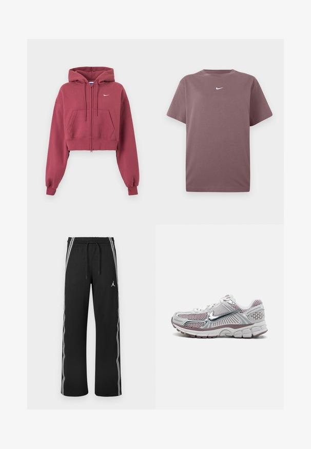 Sudadera con capucha corta en granate con cremallera, bolsillos delanteros, capucha ajustable con cordón, puños acanalados y pequeño logo blanco de Nike en el pecho.; Camiseta de manga corta color malva, con cuello redondo, y pequeño logo de Nike en blanco centrado en el pecho, exhibida sobre fondo blanco.; Pantalones deportivos negros con franjas blancas en los costados, cintura elástica con cordones y un pequeño logo Jumpman en el muslo derecho.; Zapatilla deportiva de Nike con parte superior de malla blanca con detalles plateados, detalles en rosa y una suela gruesa, acolchada y texturizada.